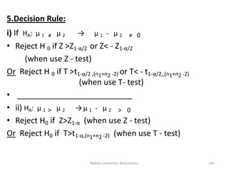 Mekele University: Biostatistics 180
5.Decision Rule:
i) If HA: μ 1 ≠ μ 2 → μ 1 - μ 2 ≠ 0
• Reject H 0 if Z >Z1-α/2 or Z< - Z1-α/2
(when use Z - test)
Or Reject H 0 if T >t1-α/2 ,(n1+n2 -2) or T< - t1-α/2,,(n1+n2 -2)
(when use T- test)
• __________________________
• ii) HA: μ 1 > μ 2 → μ 1 - μ 2 > 0
• Reject H0 if Z>Z1-α (when use Z - test)
Or Reject H0 if T>t1-α,(n1+n2 -2) (when use T - test)
 