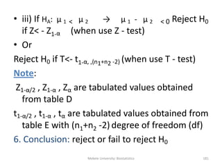 Mekele University: Biostatistics 181
• iii) If HA: μ 1 < μ 2 → μ 1 - μ 2 < 0 Reject H0
if Z< - Z1-α (when use Z - test)
• Or
Reject H0 if T<- t1-α, ,(n1+n2 -2) (when use T - test)
Note:
Z1-α/2 , Z1-α , Zα are tabulated values obtained
from table D
t1-α/2 , t1-α , tα are tabulated values obtained from
table E with (n1+n2 -2) degree of freedom (df)
6. Conclusion: reject or fail to reject H0
 