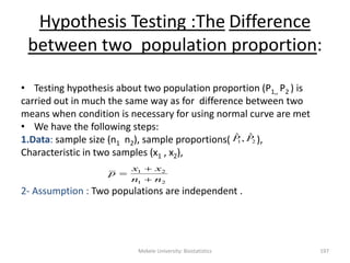 Mekele University: Biostatistics 197
Hypothesis Testing :The Difference
between two population proportion:
• Testing hypothesis about two population proportion (P1,, P2 ) is
carried out in much the same way as for difference between two
means when condition is necessary for using normal curve are met
• We have the following steps:
1.Data: sample size (n1 n2), sample proportions( ),
Characteristic in two samples (x1 , x2),
2- Assumption : Two populations are independent .
21
ˆ,ˆ PP
21
21
nn
xx
p



 