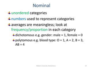 Nominal
unordered categories
numbers used to represent categories
averages are meaningless; look at
frequency/proportion i...
