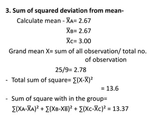 3. Sum of squared deviation from mean-
Calculate mean - X̅ᴀ= 2.67
X̅ʙ= 2.67
X̅ᴄ= 3.00
Grand mean X= sum of all observation/ total no.
of observation
25/9= 2.78
- Total sum of square= ∑(X-X̅)²
= 13.6
- Sum of square with in the group=
∑(Xᴀ-X̅ᴀ)² + ∑(Xʙ-Xʙ̅)² + ∑(Xᴄ-X̅ᴄ)² = 13.37
 