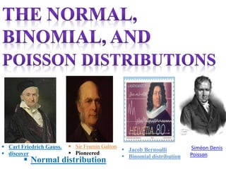  Carl Friedrich Gauss.
 discover
 Jacob Bernoulli
 Binomial distribution
 Sir Framin Galton
 Pioneered
 Normal distribution
Siméon Denis
Poisson
 