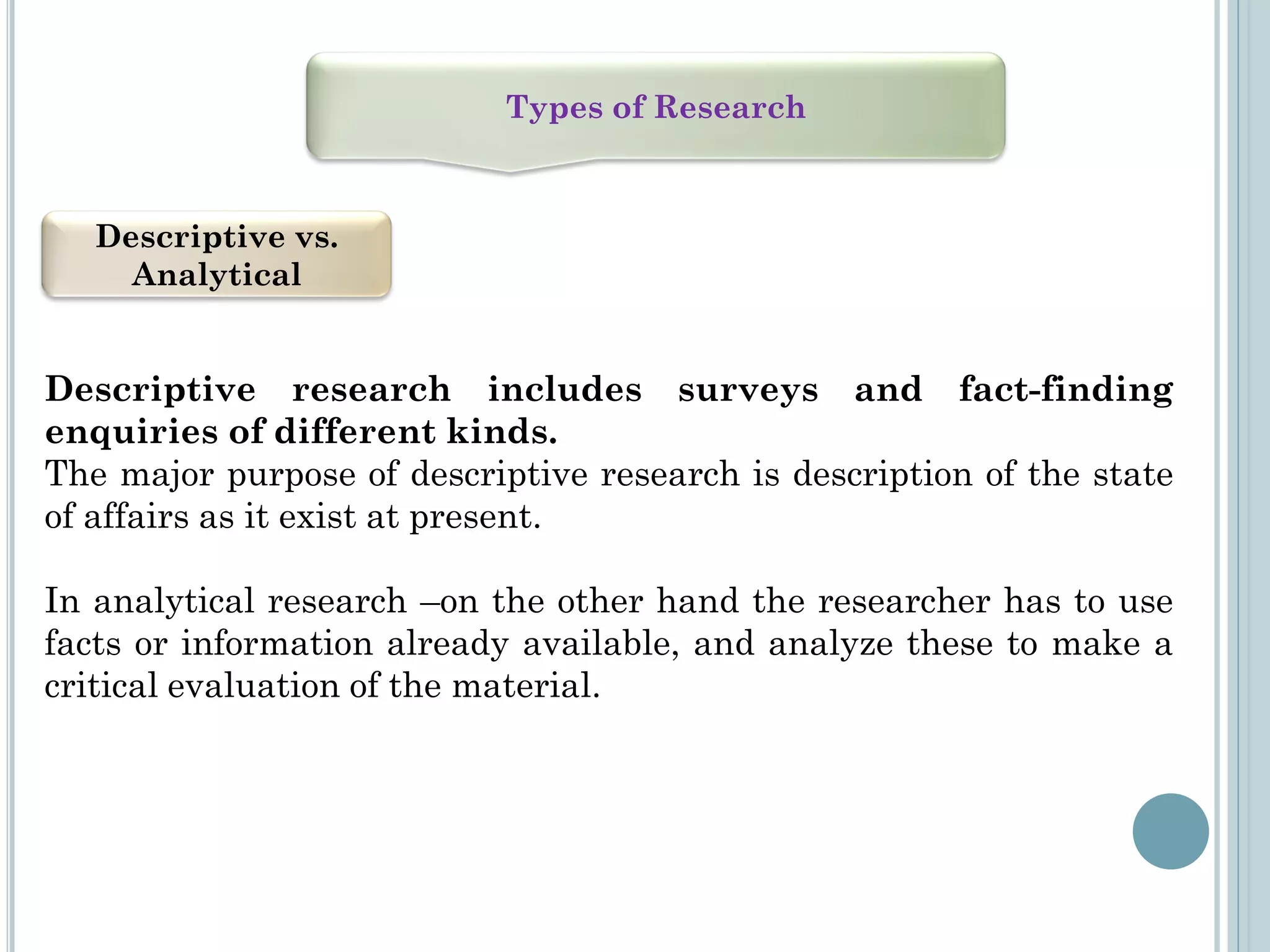 Types of Research
Descriptive vs.
Analytical
Descriptive research includes surveys and fact-finding
enquiries of different kinds.
The major purpose of descriptive research is description of the state
of affairs as it exist at present.
In analytical research –on the other hand the researcher has to use
facts or information already available, and analyze these to make a
critical evaluation of the material.
 