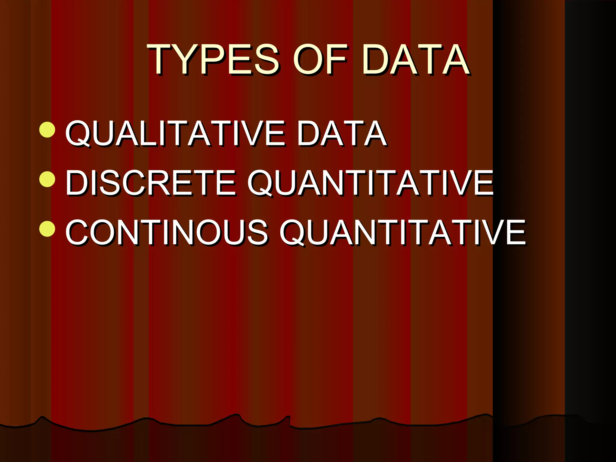 TYPES OF DATATYPES OF DATA
QUALITATIVE DATAQUALITATIVE DATA
DISCRETE QUANTITATIVEDISCRETE QUANTITATIVE
CONTINOUS QUANTITATIVECONTINOUS QUANTITATIVE
 