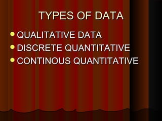 TYPES OF DATATYPES OF DATA
QUALITATIVE DATAQUALITATIVE DATA
DISCRETE QUANTITATIVEDISCRETE QUANTITATIVE
CONTINOUS QUANTITATIVECONTINOUS QUANTITATIVE
 