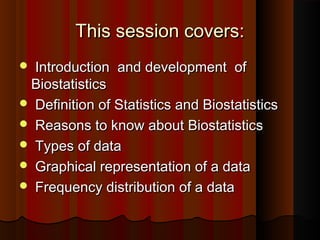 This session covers:This session covers:
 Introduction and development ofIntroduction and development of
BiostatisticsBiostatistics
 Definition of Statistics and BiostatisticsDefinition of Statistics and Biostatistics
 Reasons to know about BiostatisticsReasons to know about Biostatistics
 Types of dataTypes of data
 Graphical representation of a dataGraphical representation of a data
 Frequency distribution of a dataFrequency distribution of a data
 