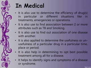 In Medical
• It is also use to determine the efficiency of drug(s)
in particular or different situations like in
treatments, emergencies or operations.
• It is also use to find association between 2 or more
attributes such as TB and Smoking.
• It is also use to find out association of one disease
with another.
• It is also applied to determine the usefulness or un-
usefulness of a particular drug in a particular time,
place or period.
• It is also help in determining to opt best possible
treatment among all for a disease.
• It helps to identify signs and symptoms of a disease
or syndrome.
 
