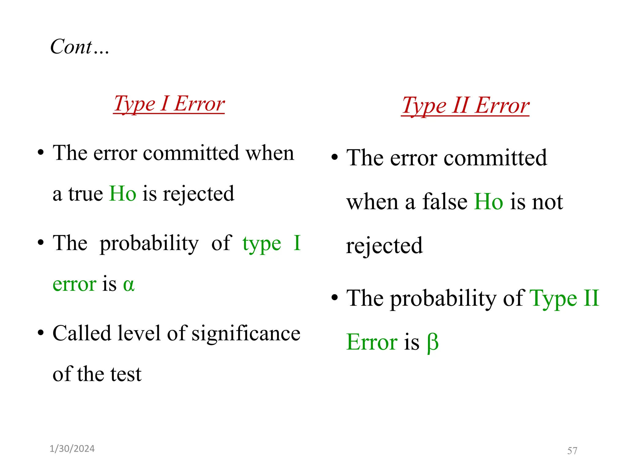 Type I Error
• The error committed when
a true Ho is rejected
• The probability of type I
error is α
• Called level of significance
of the test
Type II Error
• The error committed
when a false Ho is not
rejected
• The probability of Type II
Error is 
57
Cont…
1/30/2024
 