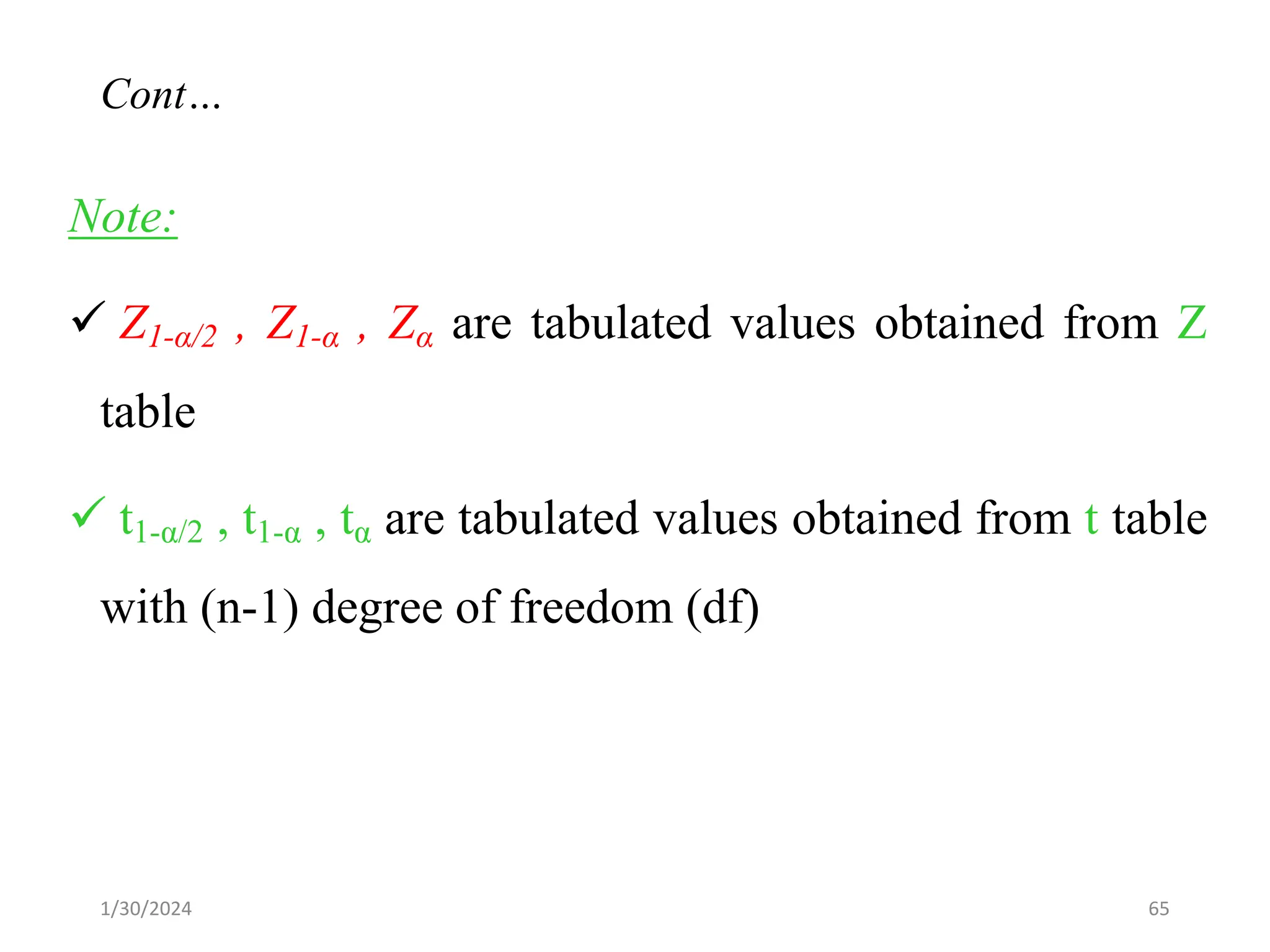 Note:
✓ Z1-α/2 , Z1-α , Zα are tabulated values obtained from Z
table
✓ t1-α/2 , t1-α , tα are tabulated values obtained from t table
with (n-1) degree of freedom (df)
65
Cont…
1/30/2024
 