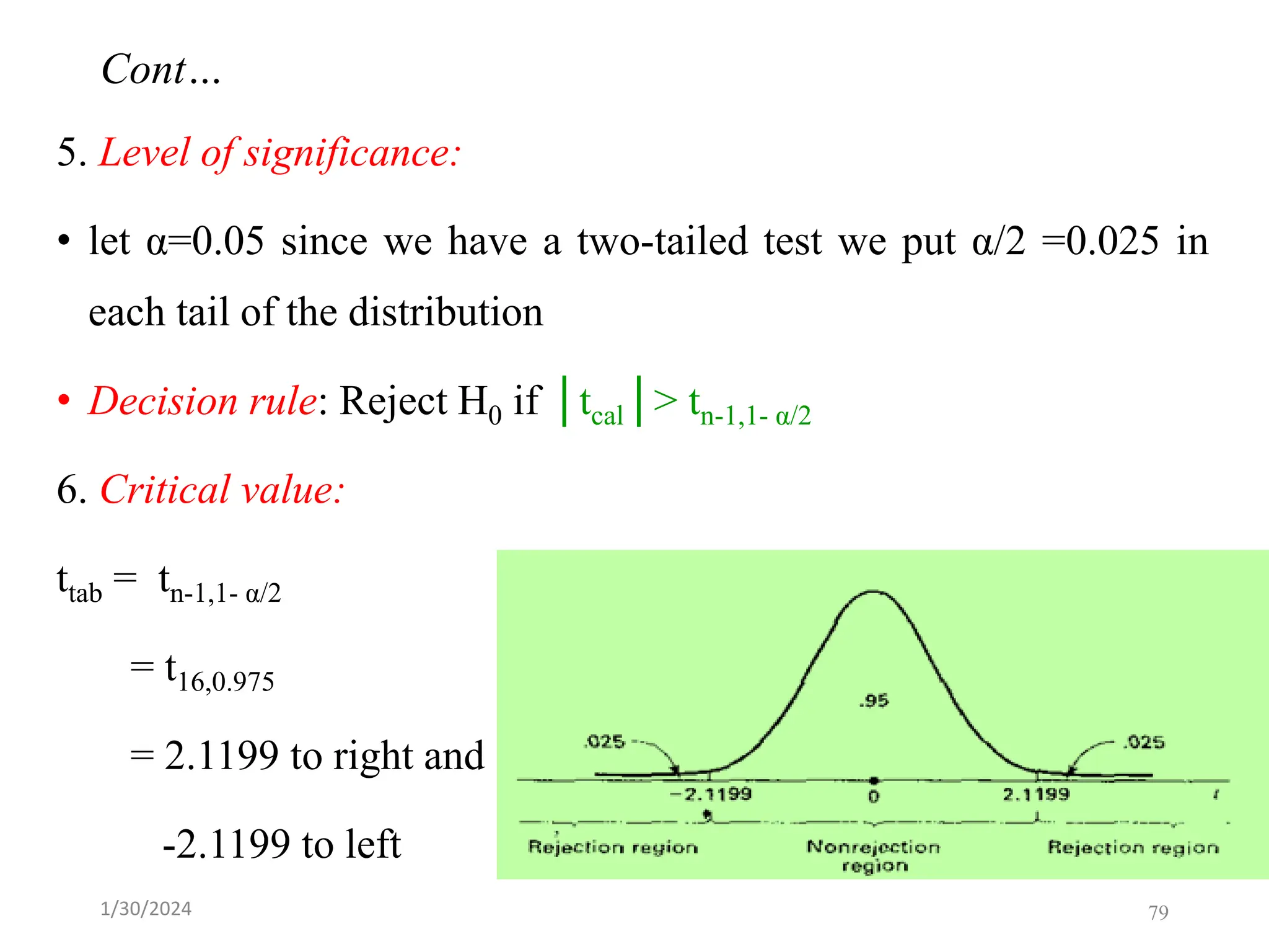 5. Level of significance:
• let α=0.05 since we have a two-tailed test we put α/2 =0.025 in
each tail of the distribution
• Decision rule: Reject H0 if │tcal│> tn-1,1- α/2
6. Critical value:
ttab = tn-1,1- α/2
= t16,0.975
= 2.1199 to right and
-2.1199 to left
79
Cont…
1/30/2024
 