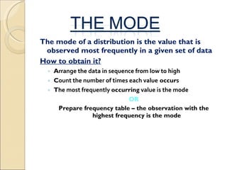 The mode of a distribution is the value that is observed most frequently in a given set of data How to obtain it? A rrange the data in sequence from low to high  C ount the number of times each value  occur s  T he most frequently  occurring  value is the mode   OR Prepare frequency table – the observation with the highest frequency is the mode 