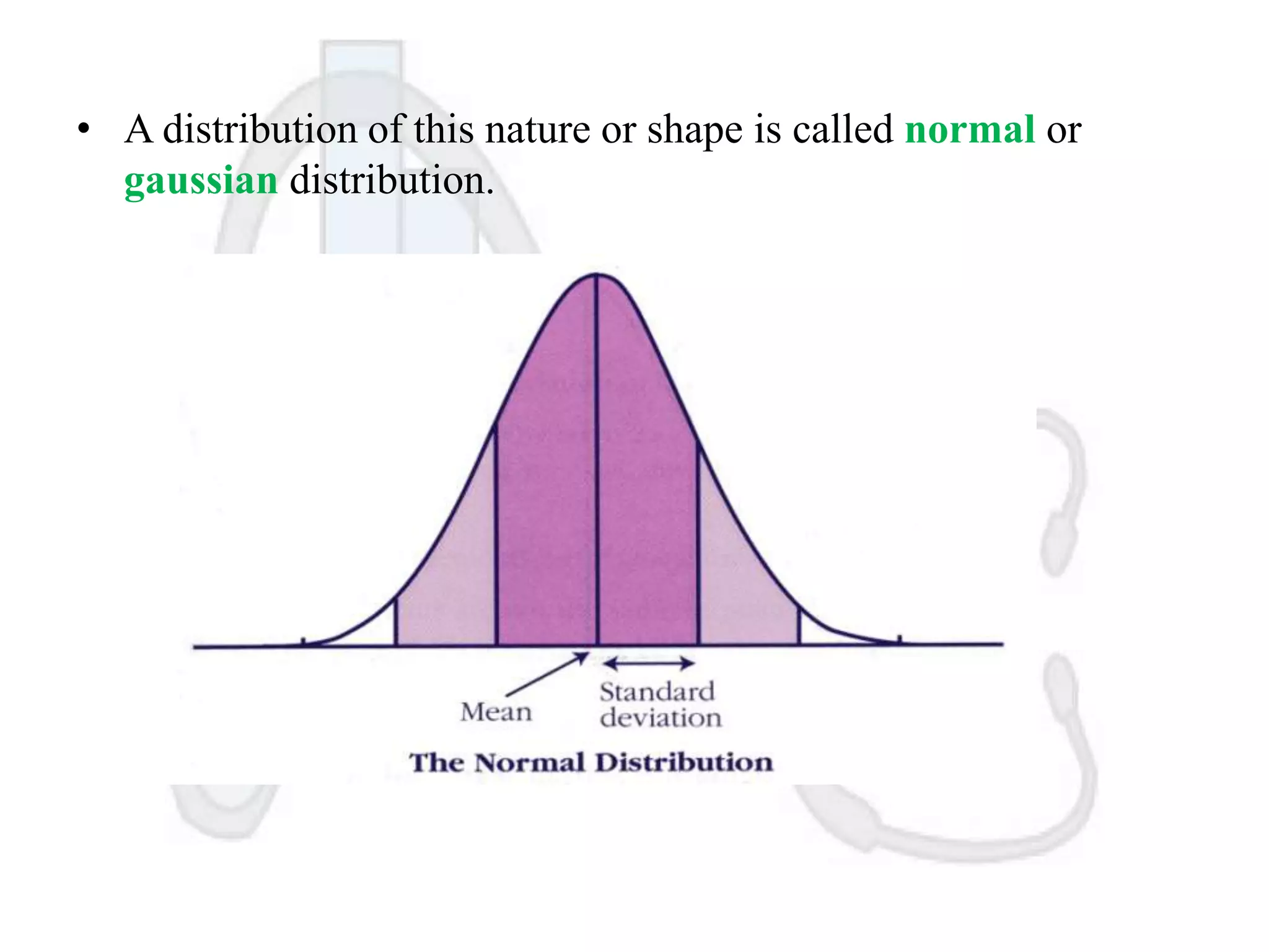 • A distribution of this nature or shape is called normal or
gaussian distribution.

 