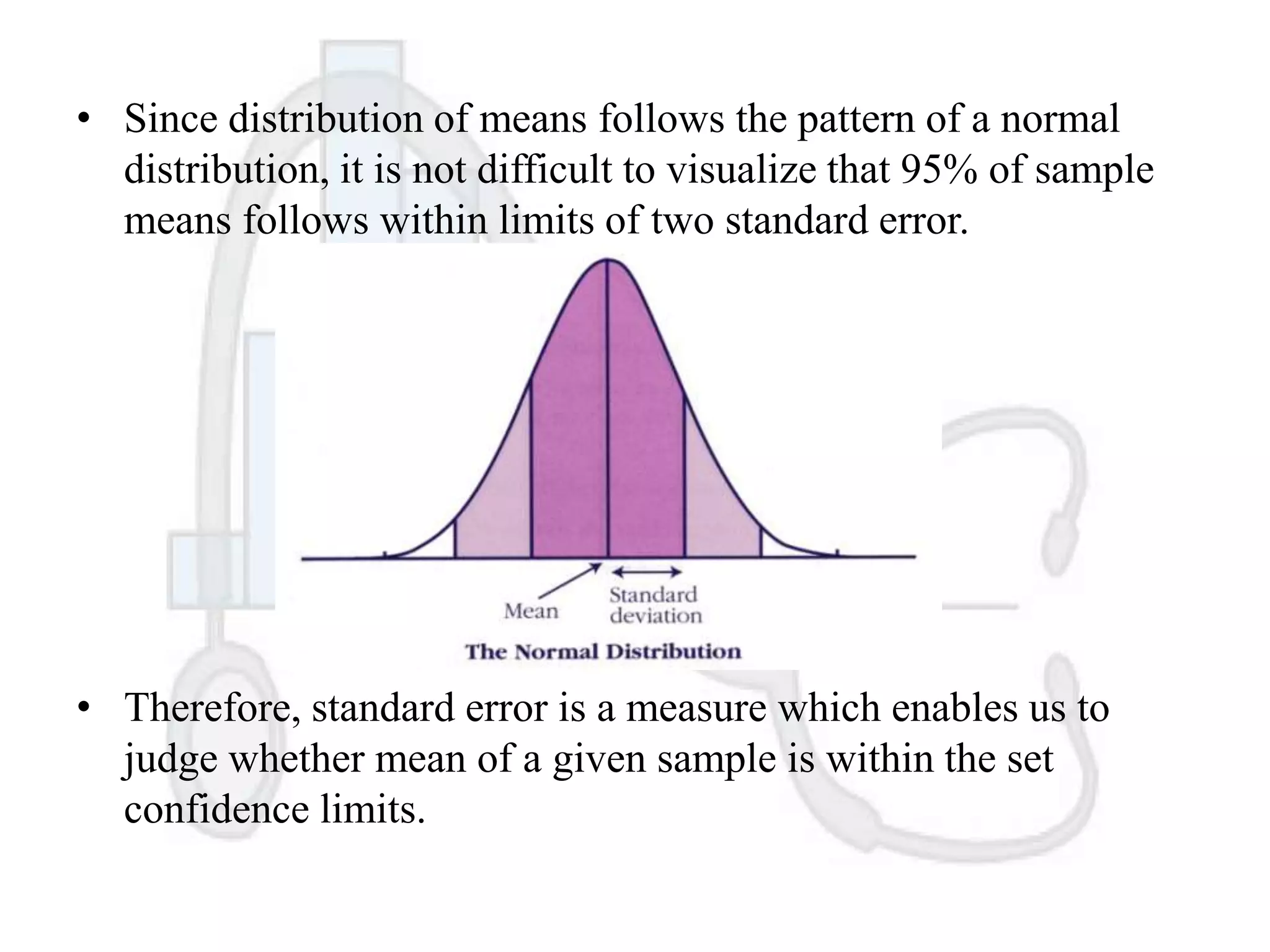 • Since distribution of means follows the pattern of a normal
distribution, it is not difficult to visualize that 95% of sample
means follows within limits of two standard error.

• Therefore, standard error is a measure which enables us to
judge whether mean of a given sample is within the set
confidence limits.

 