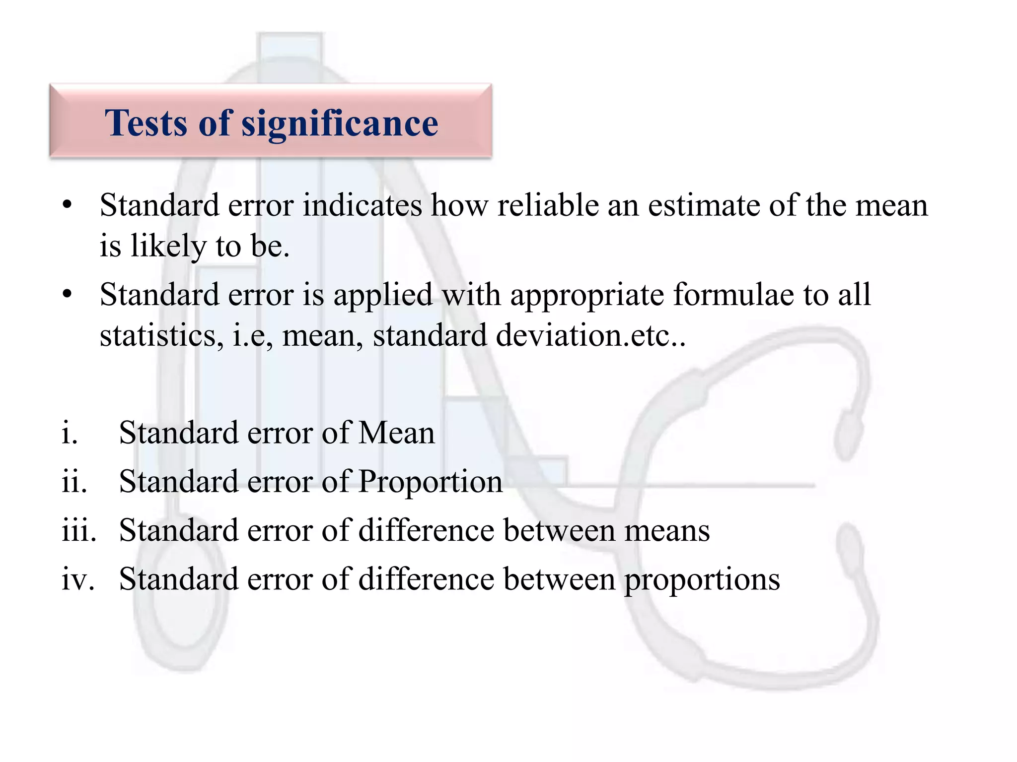 Tests of significance
• Standard error indicates how reliable an estimate of the mean
is likely to be.
• Standard error is applied with appropriate formulae to all
statistics, i.e, mean, standard deviation.etc..

i.
ii.
iii.
iv.

Standard error of Mean
Standard error of Proportion
Standard error of difference between means
Standard error of difference between proportions

 