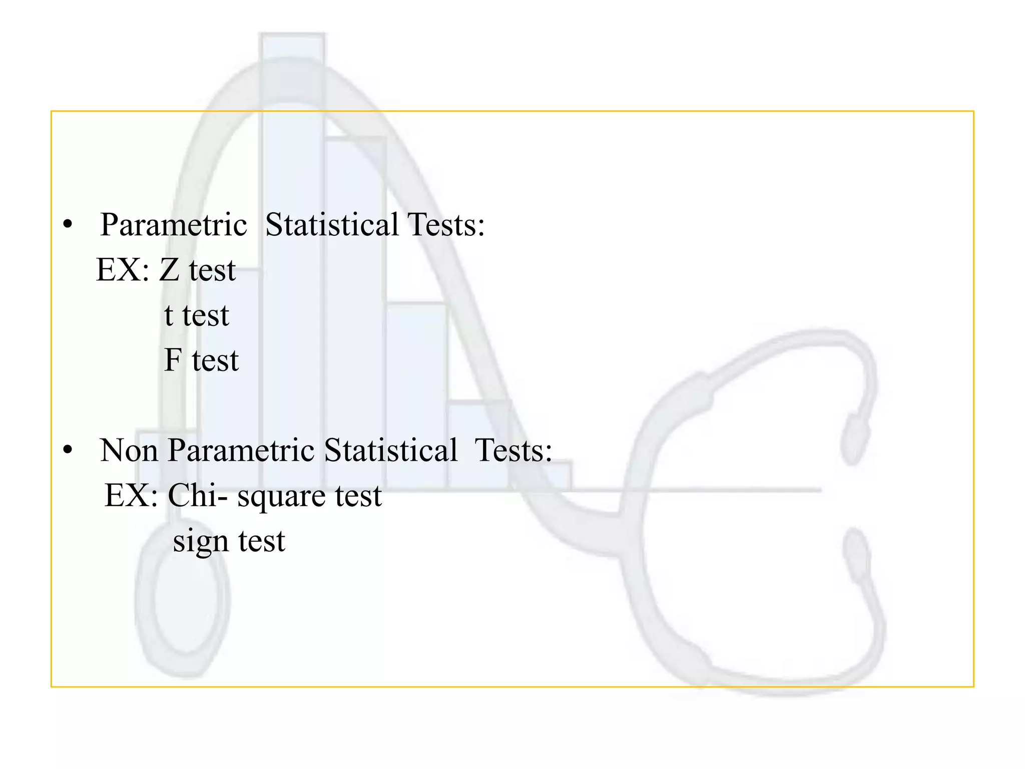 • Parametric Statistical Tests:
EX: Z test
t test
F test

• Non Parametric Statistical Tests:
EX: Chi- square test
sign test

 
