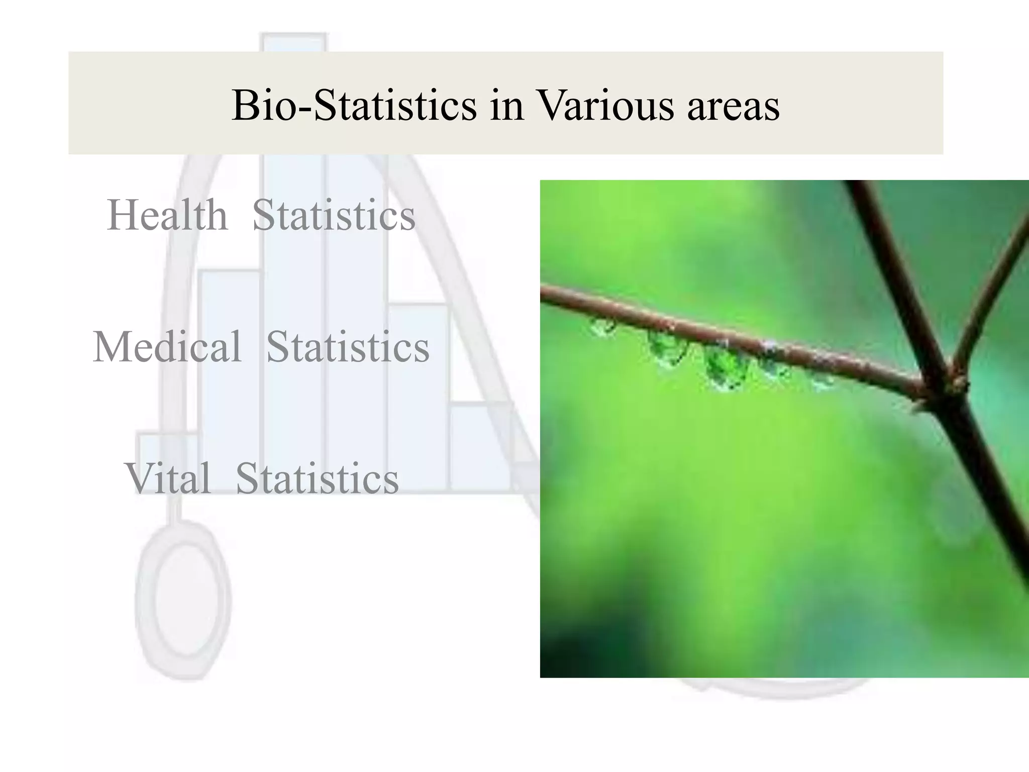 Bio-Statistics in Various areas
Health Statistics
Medical Statistics
Vital Statistics

 