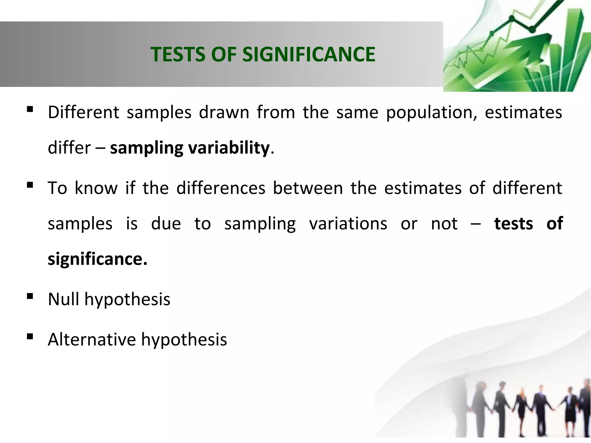 TESTS OF SIGNIFICANCE
 Different samples drawn from the same population, estimates
differ – sampling variability.
 To know if the differences between the estimates of different
samples is due to sampling variations or not – tests of
significance.
 Null hypothesis
 Alternative hypothesis

 