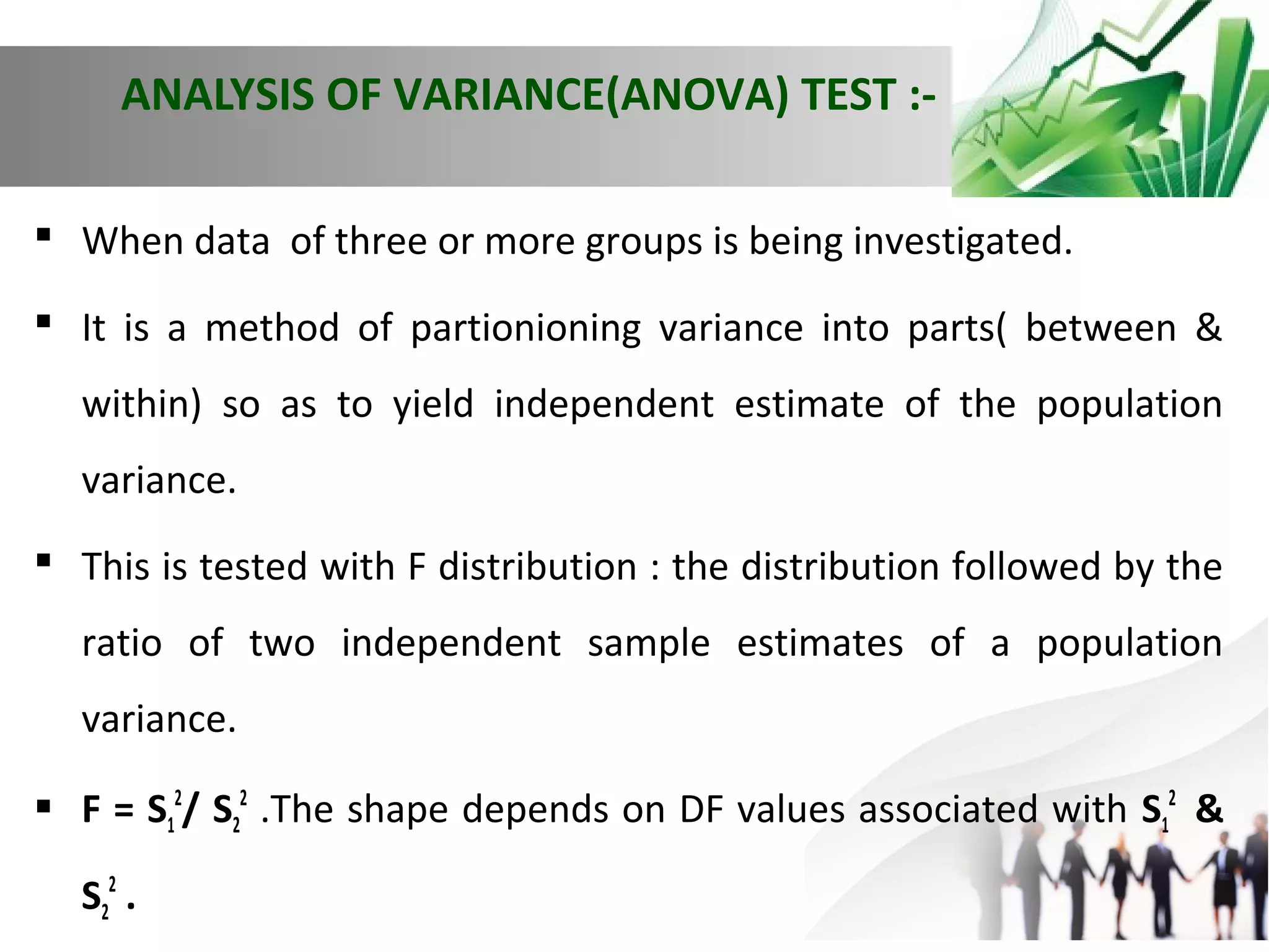 ANALYSIS OF VARIANCE(ANOVA) TEST : When data of three or more groups is being investigated.
 It is a method of partionioning variance into parts( between &
within) so as to yield independent estimate of the population
variance.
 This is tested with F distribution : the distribution followed by the
ratio of two independent sample estimates of a population
variance.
 F = S12/ S22 .The shape depends on DF values associated with S12 &
S 22 .

 