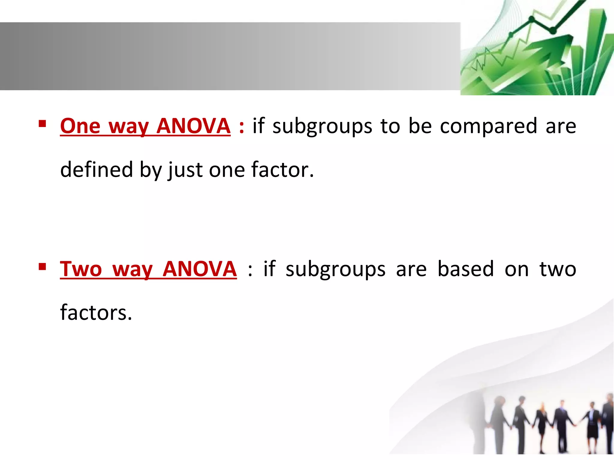  One way ANOVA : if subgroups to be compared are
defined by just one factor.

 Two way ANOVA : if subgroups are based on two
factors.

 