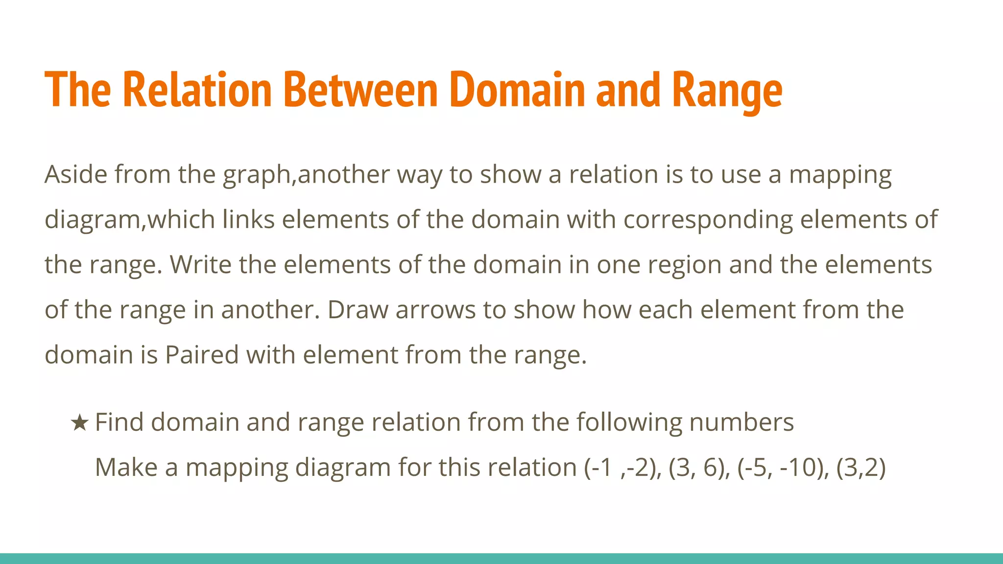 The Relation Between Domain and Range
Aside from the graph,another way to show a relation is to use a mapping
diagram,which links elements of the domain with corresponding elements of
the range. Write the elements of the domain in one region and the elements
of the range in another. Draw arrows to show how each element from the
domain is Paired with element from the range.
★ Find domain and range relation from the following numbers
Make a mapping diagram for this relation (-1 ,-2), (3, 6), (-5, -10), (3,2)
 
