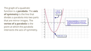 The graph of a quadratic
function is a parabola. The axis
of symmetry is the line that
divides a parabola into two parts
that are mirror images. The
vertex of a parabola is the
point at which the parabola
intersects the axis of symmetry.
 