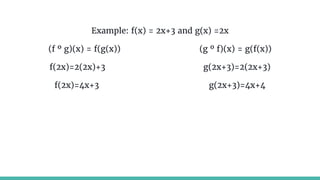 Example: f(x) = 2x+3 and g(x) =2x
(f º g)(x) = f(g(x)) (g º f)(x) = g(f(x))
f(2x)=2(2x)+3 g(2x+3)=2(2x+3)
f(2x)=4x+3 g(2x+3)=4x+4
 