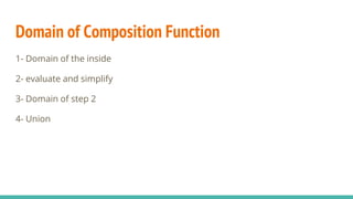 Domain of Composition Function
1- Domain of the inside
2- evaluate and simplify
3- Domain of step 2
4- Union
 