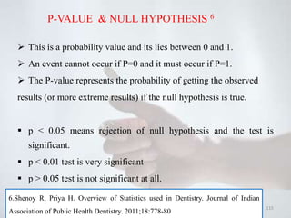 P-VALUE & NULL HYPOTHESIS 6
 This is a probability value and its lies between 0 and 1.
 An event cannot occur if P=0 and it must occur if P=1.
 The P-value represents the probability of getting the observed
results (or more extreme results) if the null hypothesis is true.
 p < 0.05 means rejection of null hypothesis and the test is
significant.
 p < 0.01 test is very significant
 p > 0.05 test is not significant at all.
5/5/2020 115
6.Shenoy R, Priya H. Overview of Statistics used in Dentistry. Journal of Indian
Association of Public Health Dentistry. 2011;18:778-80
 