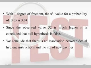 • With 1 degree of freedom, the x2 value for a probability
of 0.05 is 3.84.
• Since the observed value 32 is much higher it is
concluded that null hypothesis is false.
• We conclude that there is an association between dental
hygiene instructions and the no. of new cavities
5/5/2020 147
 