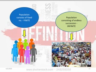 Population
consists of fixed
no. - FINITE
Population
consisting of endless
succession -
INFINITE
5/5/2020 17
 