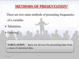 METHODS OF PRESENTATION1
There are two main methods of presenting frequencies
of a variable:
 Tabulation.
 Drawing.
TABULATION - these are devices for presenting data from
a mass of statistical data.
5/5/2020 70
 