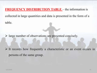 FREQUENCY DISTRIBUTION TABLE – the information is
collected in large quantities and data is presented in the form of a
table.
 large number of observations are presented concisely.
 It records how frequently a characteristic or an event occurs in
persons of the same group.
5/5/2020 71
 