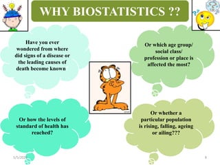 WHY BIOSTATISTICS ??
Have you ever
wondered from where
did signs of a disease or
the leading causes of
death become known?
Or which age group/
social class/
profession or place is
affected the most?
Or how the levels of
standard of health has
reached?
Or whether a
particular population
is rising, falling, ageing
or ailing???
85/5/2020
 