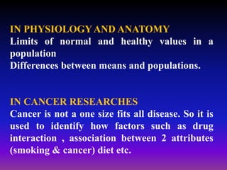 IN PHYSIOLOGYAND ANATOMY
Limits of normal and healthy values in a
population
Differences between means and populations.
IN CANCER RESEARCHES
Cancer is not a one size fits all disease. So it is
used to identify how factors such as drug
interaction , association between 2 attributes
(smoking & cancer) diet etc.
 