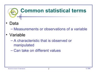 Common statistical terms

• Data
      – Measurements or observations of a variable
• Variable
      – A characteristic that is observed or
        manipulated
      – Can take on different values



 E vid e nce -b as e d C h irop ractic   2        © 2006
 