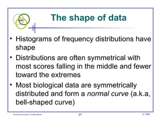 The shape of data

• Histograms of frequency distributions have
  shape
• Distributions are often symmetrical with
  most scores falling in the middle and fewer
  toward the extremes
• Most biological data are symmetrically
  distributed and form a normal curve (a.k.a,
  bell-shaped curve)
 E vid e nce -b as e d C h irop ractic         27            © 2006
 