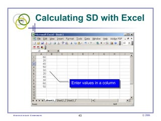 Calculating SD with Excel




                                        Enter values in a column




E vid e nce -b as e d C h irop ractic      43                      © 2006
 
