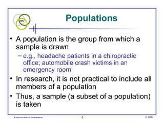 Populations

• A population is the group from which a
  sample is drawn
      – e.g., headache patients in a chiropractic
        office; automobile crash victims in an
        emergency room
• In research, it is not practical to include all
  members of a population
• Thus, a sample (a subset of a population)
  is taken
 E vid e nce -b as e d C h irop ractic      5          © 2006
 