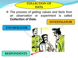 COLLECTION OF
DATA
 The process of getting values and facts from
an observation or experiment is called
Collection of Data.
INVESTIGATOR
ENUMERATOR
RESPONDENTS
 