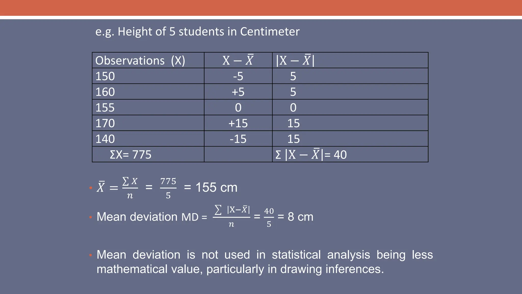 • 𝑋 =
𝑋
𝑛
=
775
5
= 155 cm
• Mean deviation MD =
X−𝑋
𝑛
=
40
5
= 8 cm
• Mean deviation is not used in statistical analysis being less
mathematical value, particularly in drawing inferences.
Observations (X) X − 𝑋 X − 𝑋
150 -5 5
160 +5 5
155 0 0
170 +15 15
140 -15 15
ΣX= 775 Σ X − 𝑋 = 40
e.g. Height of 5 students in Centimeter
 