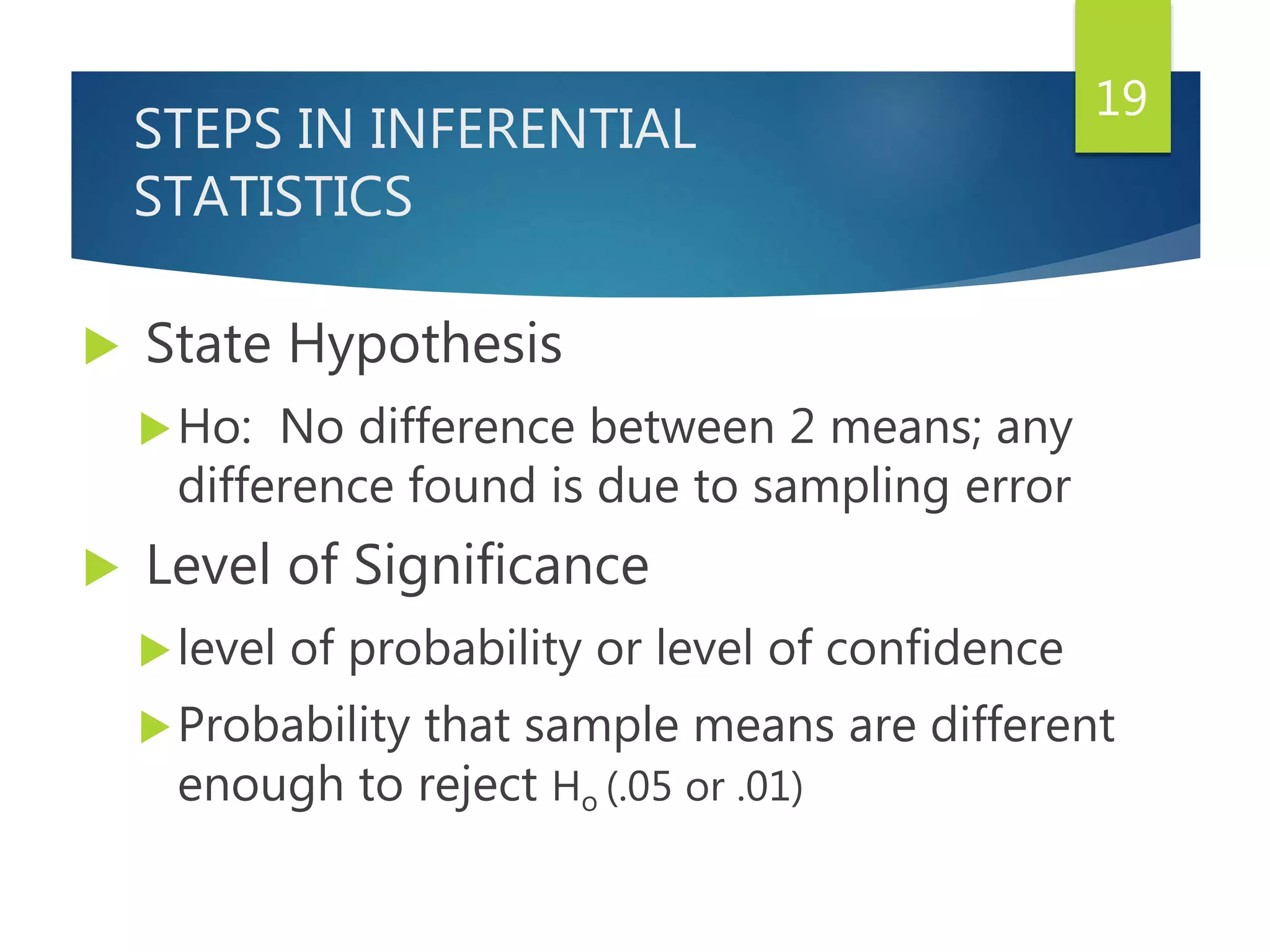 STEPS IN INFERENTIAL
STATISTICS
 State Hypothesis
Ho: No difference between 2 means; any
difference found is due to sampling error
 Level of Significance
level of probability or level of confidence
Probability that sample means are different
enough to reject Ho (.05 or .01)
19
 