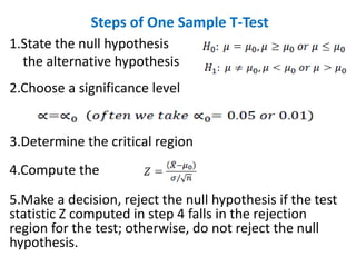Steps of One Sample T-Test
1.State the null hypothesis
the alternative hypothesis
2.Choose a significance level
3.Determine the critical region
4.Compute the
5.Make a decision, reject the null hypothesis if the test
statistic Z computed in step 4 falls in the rejection
region for the test; otherwise, do not reject the null
hypothesis.
 