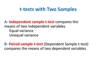 t-tests with Two Samples
A- Independent sample t-test compares the
means of two independent variables
Equal variance
Unequal variance
B- Paired sample t-test (Dependent Sample t-test)
compares the means of two dependent variables
 