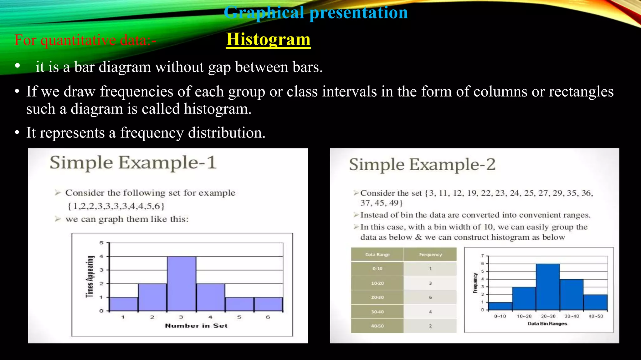 Graphical presentation
For quantitative data:- Histogram
• it is a bar diagram without gap between bars.
• If we draw frequencies of each group or class intervals in the form of columns or rectangles
such a diagram is called histogram.
• It represents a frequency distribution.
 