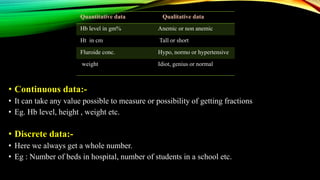 • Continuous data:-
• It can take any value possible to measure or possibility of getting fractions
• Eg. Hb level, height , weight etc.
• Discrete data:-
• Here we always get a whole number.
• Eg : Number of beds in hospital, number of students in a school etc.
Quantitative data Qualitative data
Hb level in gm% Anemic or non anemic
Ht in cm Tall or short
Fluroide conc. Hypo, normo or hypertensive
weight Idiot, genius or normal
 