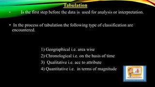 Tabulation
• Is the first step before the data is used for analysis or interpretation.
• In the process of tabulation the following type of classification are
encountered.
1) Geographical i.e. area wise
2) Chronological i.e. on the basis of time
3) Qualitative i.e. acc to attribute
4) Quantitative i.e. in terms of magnitude
 