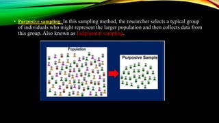 • Purposive sampling: In this sampling method, the researcher selects a typical group
of individuals who might represent the larger population and then collects data from
this group. Also known as Judgmental sampling.
 