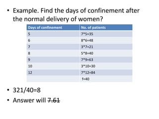 • Example. Find the days of confinement after
the normal delivery of women?
• 321/40=8
• Answer will 7.61
Days of confinement No. of patients
5 7*5=35
6 8*6=48
7 3*7=21
8 5*8=40
9 7*9=63
10 3*10=30
12 7*12=84
f=40
 