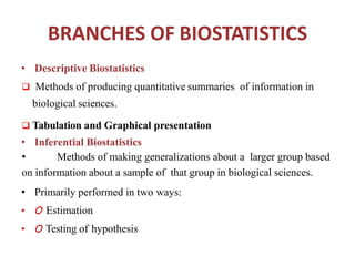 BRANCHES OF BIOSTATISTICS
• Descriptive Biostatistics
 Methods of producing quantitative summaries of information in
biological sciences.
 Tabulation and Graphical presentation
• Inferential Biostatistics
• Methods of making generalizations about a larger group based
on information about a sample of that group in biological sciences.
• Primarily performed in two ways:
• O Estimation
• O Testing of hypothesis
 