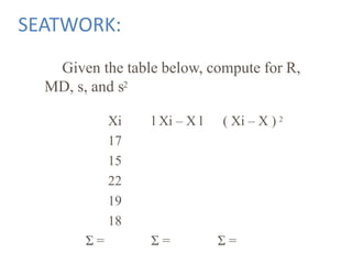 SEATWORK:
Given the table below, compute for R,
MD, s, and s2
Xi l Xi – X l ( Xi – X ) 2
17
15
22
19
18
Σ = Σ = Σ =
 
